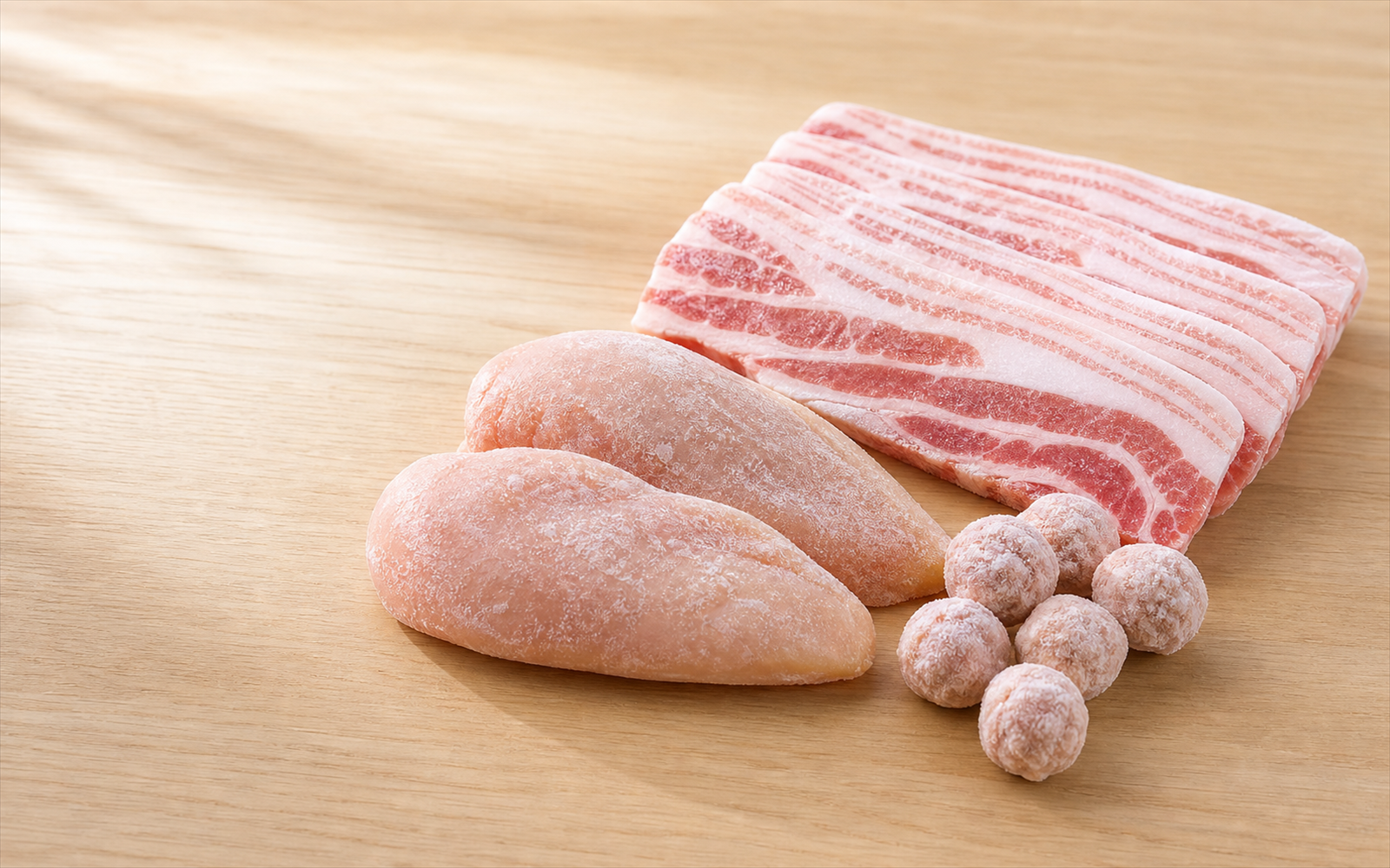 原木案板上的冷冻肉类商品陈列